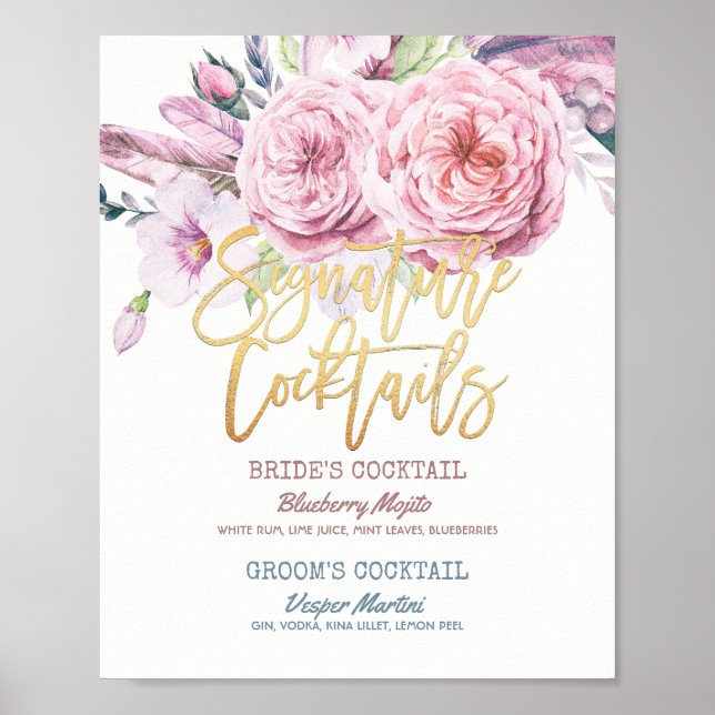 Wedding Signature Cocktail Drink Menu Boho Floral Poster (Front)