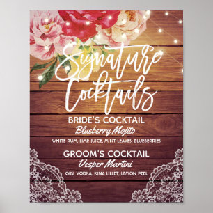 Wedding Signature Cocktail Drink Menu Wood Floral Poster