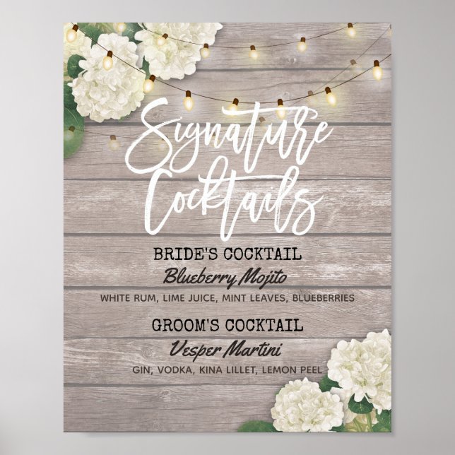 Wedding Signature Cocktail Drink Menu Wood Flowers Poster (Front)