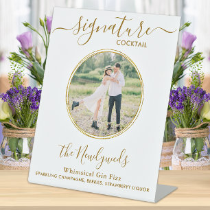 Wedding Signature Cocktail Gold Custom Photo Bar Pedestal Sign
