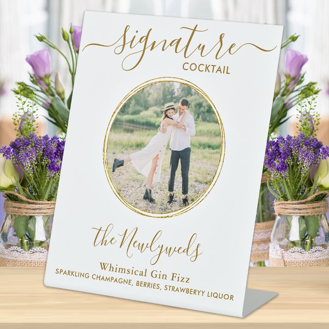 Wedding Signature Cocktail Gold Custom Photo Bar Pedestal Sign (Creator Uploaded)