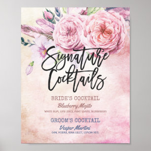 Wedding Signature Drink Menu Boho Floral Feathers Poster