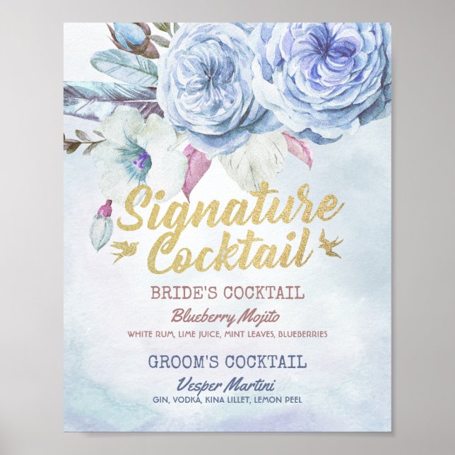 Wedding Signature Drink Menu Boho Floral Feathers Poster (Front)