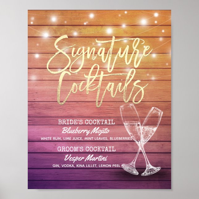 Wedding Signature Drink Menu Champagne Glass Wood Poster (Front)