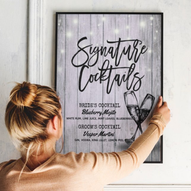 Wedding Signature Drink Menu Champagne Glass Wood Poster (Creator Uploaded)