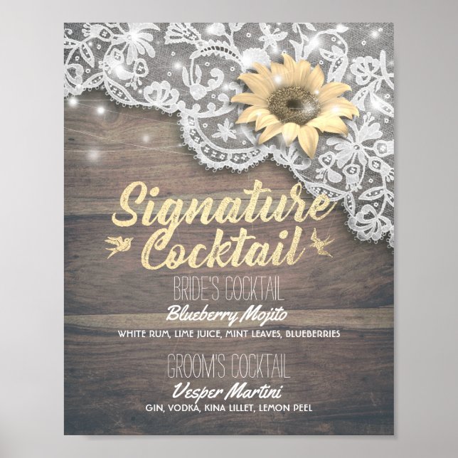 Wedding Signature Drink Menu Lace Sunflower Wood Poster (Front)