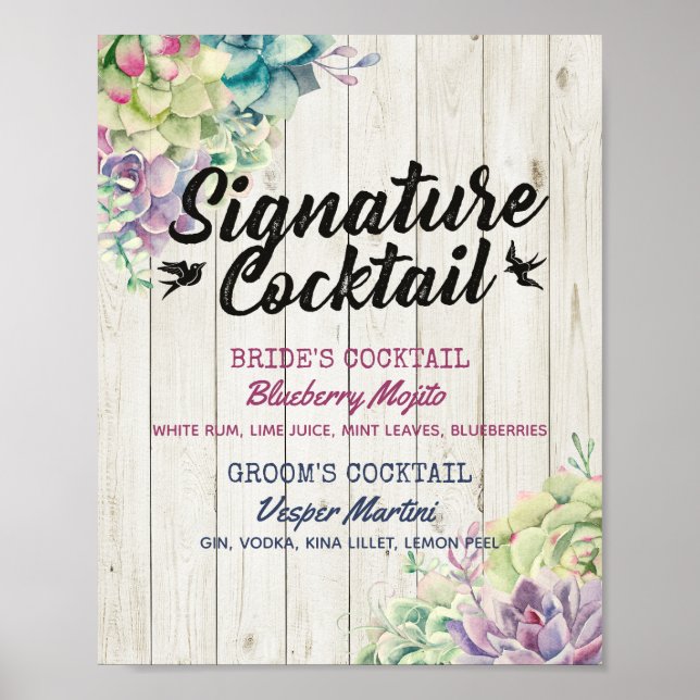 Wedding Signature Drink Menu Succulent Rustic Wood Poster (Front)
