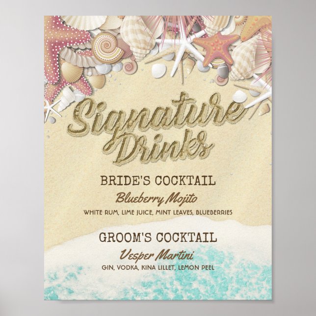 Wedding Signature Drink Menu Summer Beach Starfish Poster (Front)