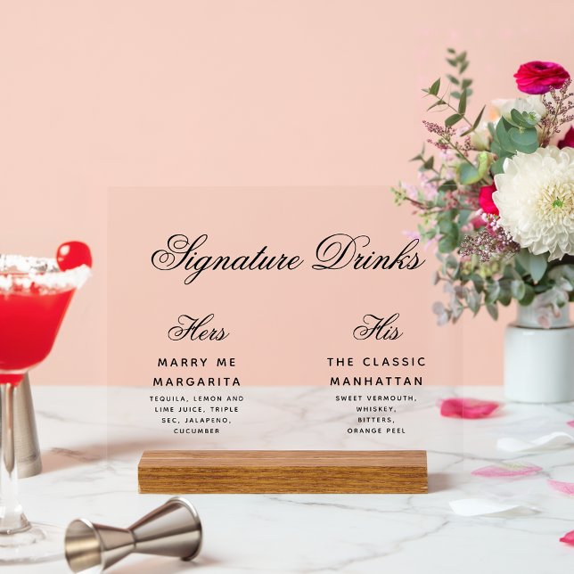 Wedding Signature Drinks Cocktails Calligraphy Acrylic Sign (Creator Uploaded)