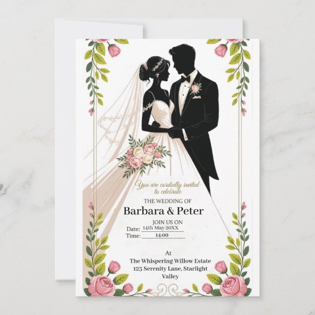 Wedding Silhouette Invitation with Floral Accents (Front)