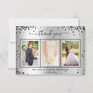 Wedding silver black glitter photo script thank you card