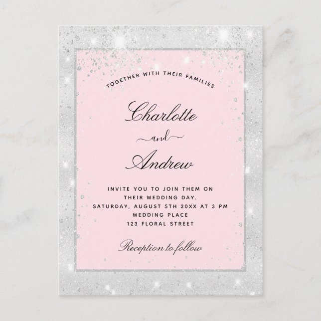 Wedding silver blush glitter dust invitation postcard (Front)