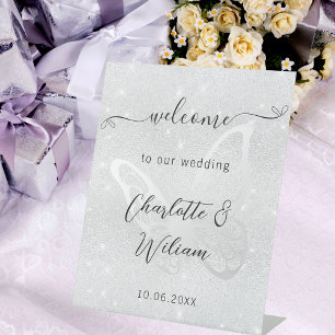 Wedding silver butterfly welcome pedestal sign