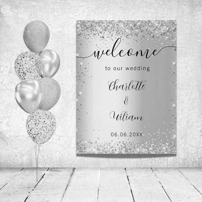 Wedding silver glitter names script welcome poster (Creator Uploaded)