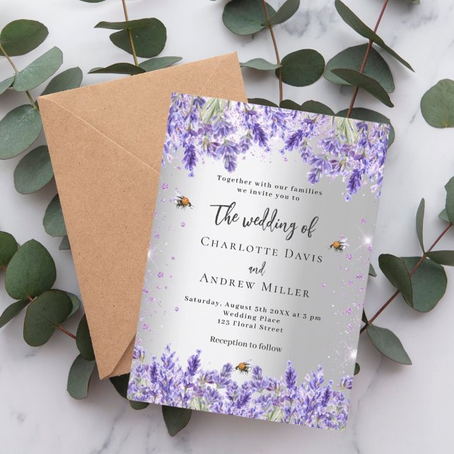 Wedding silver lavender florals bees premium invitation (Creator Uploaded)