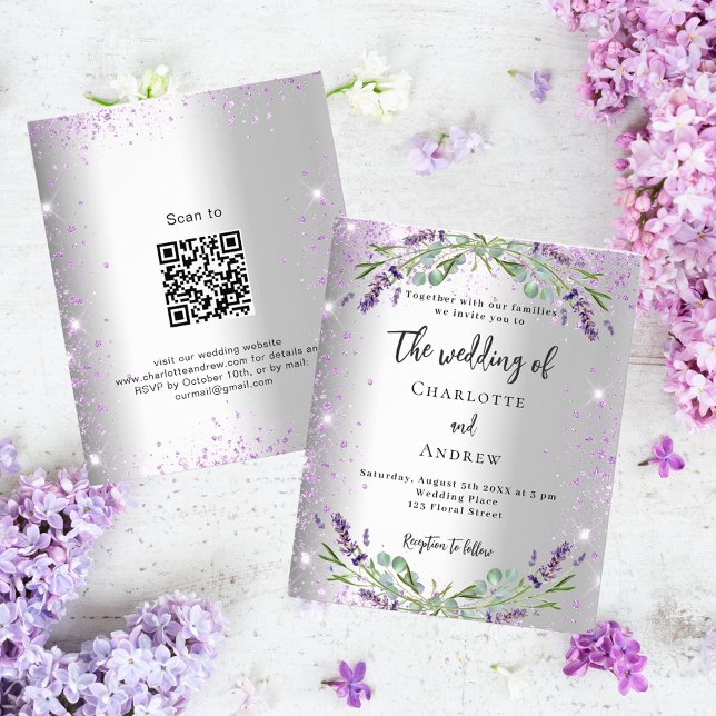 Wedding silver lavender QR RSVP budget invitation Flyer (Creator Uploaded)
