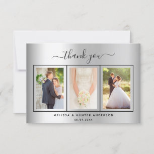 Wedding silver photo script elegant modern thank you card