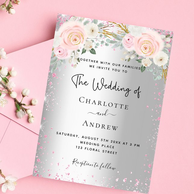 Wedding silver pink florals glitter luxury invitation (Creator Uploaded)