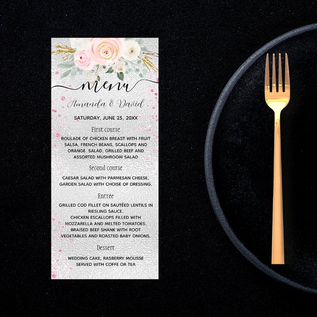 Wedding silver pink florals menu card (Creator Uploaded)