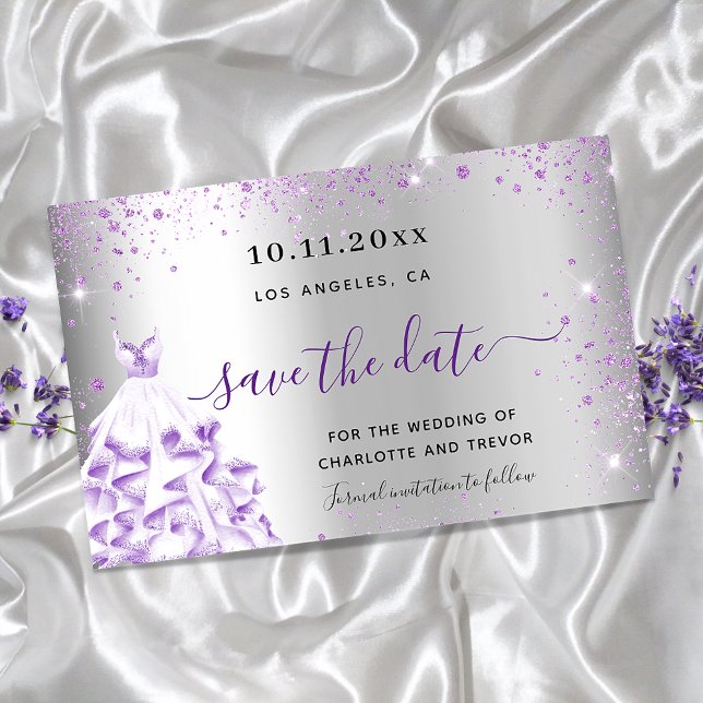 Wedding silver purple dress budget save the date flyer (Creator Uploaded)