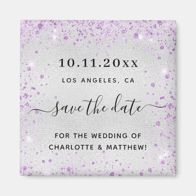Wedding silver purple glitter dust save the date  magnet (Front)