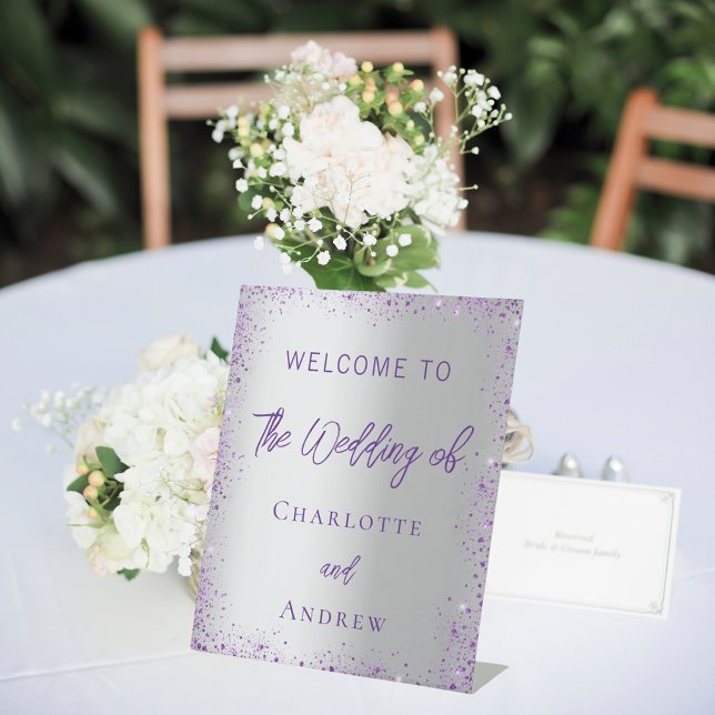 Wedding silver purple sparkles welcome pedestal sign (Creator Uploaded)