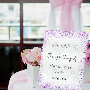 Wedding silver purple sparkles welcome pedestal sign