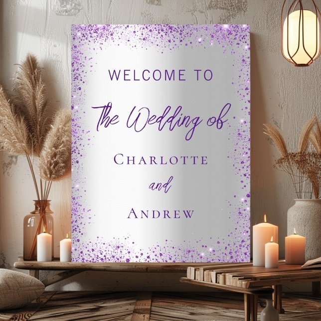 Wedding silver purple sparkles welcome poster (Creator Uploaded)