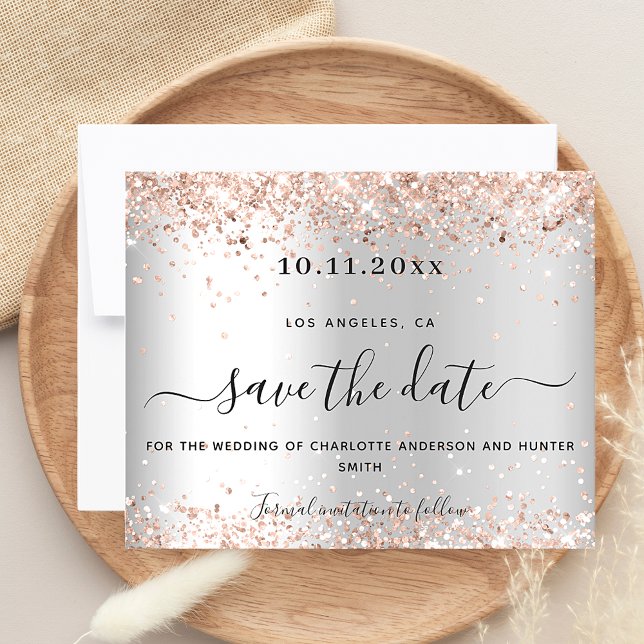Wedding silver rose gold glitter budget save date flyer (Creator Uploaded)