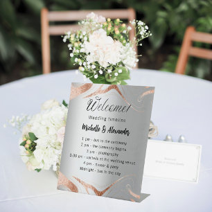 Wedding silver rose gold marble program timeline pedestal sign