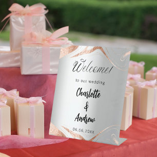 Wedding silver rose gold marble veins welcome pedestal sign