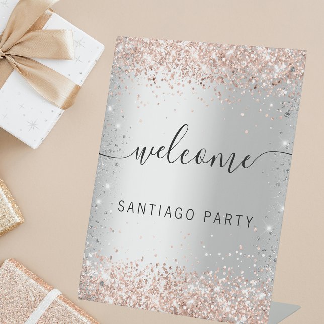 Wedding silver rose gold name script welcome pedestal sign (Creator Uploaded)