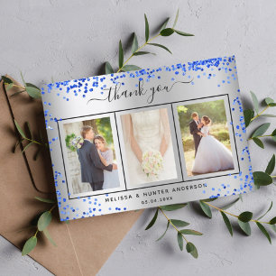 Wedding silver royal blue glitter photo script thank you card
