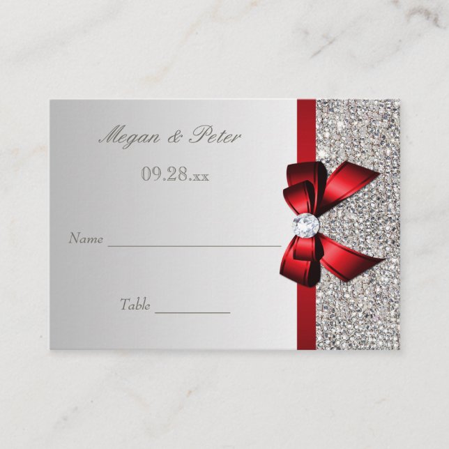 Wedding Silver Sequin Red Bow Seating Cards (Front)