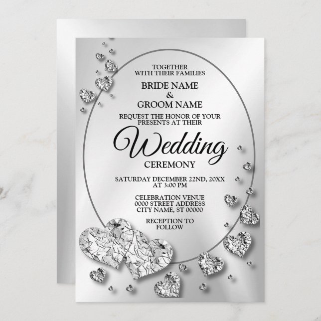 Wedding Silver Shiny Hearts Geometric Elegant Invitation (Front/Back)