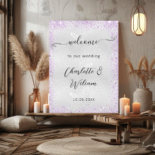 Wedding silver violet butterflies welcome poster