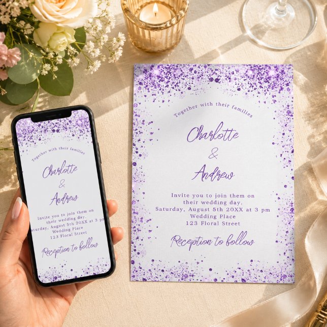 Wedding silver violet purple sparkles invitation (Creator Uploaded)