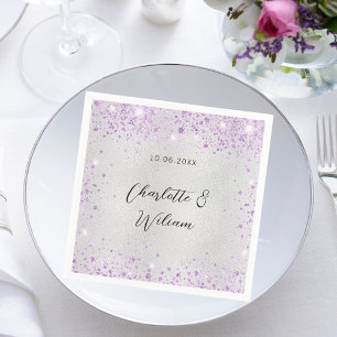 Wedding silver violet sparkles names napkin
