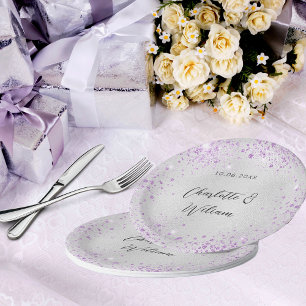 Wedding silver violet sparkles names paper plate