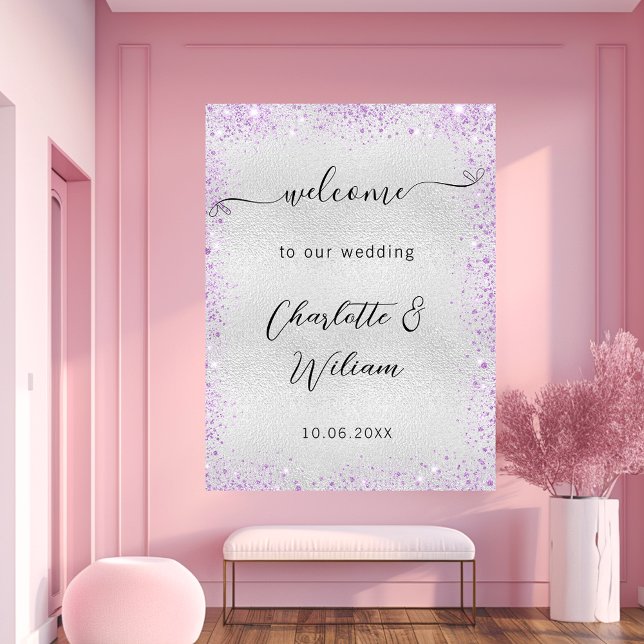 Wedding silver violet sparkles welcome poster (Creator Uploaded)