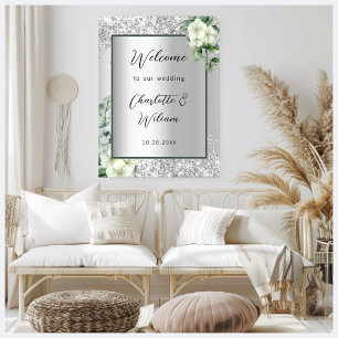 Wedding silver white florals welcome poster