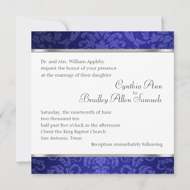 Wedding Simple Blue Damask Shimmer Invitation (Back)