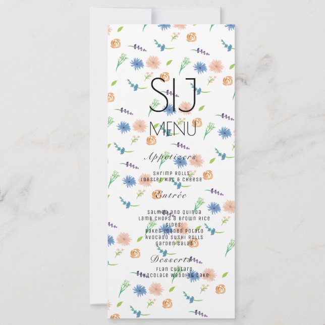 Wedding Simple Botanical Watercolor Dinner Menu (Front)