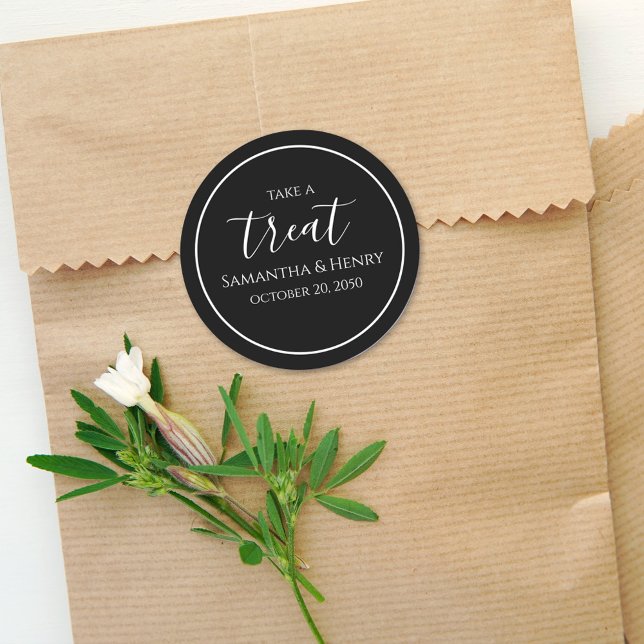 Wedding Simple Calligraphy Script Treat Black Classic Round Sticker (Creator Uploaded)