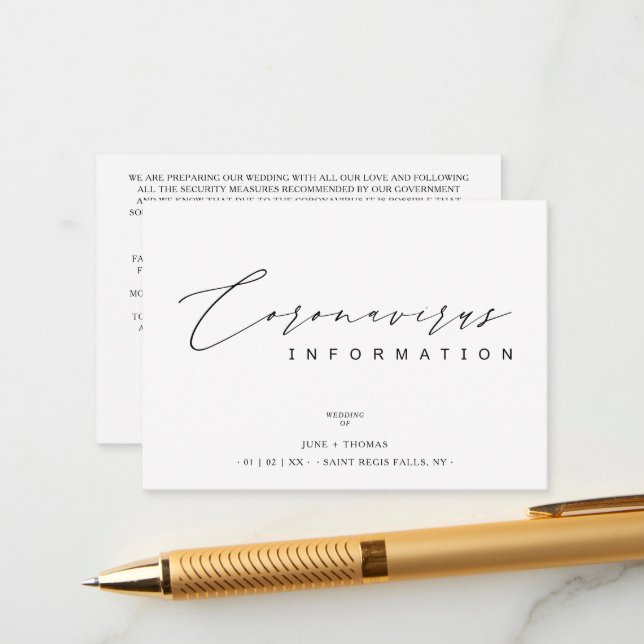 Wedding Simple Minimalist Coronavirus Information Enclosure Card (Front/Back In Situ)