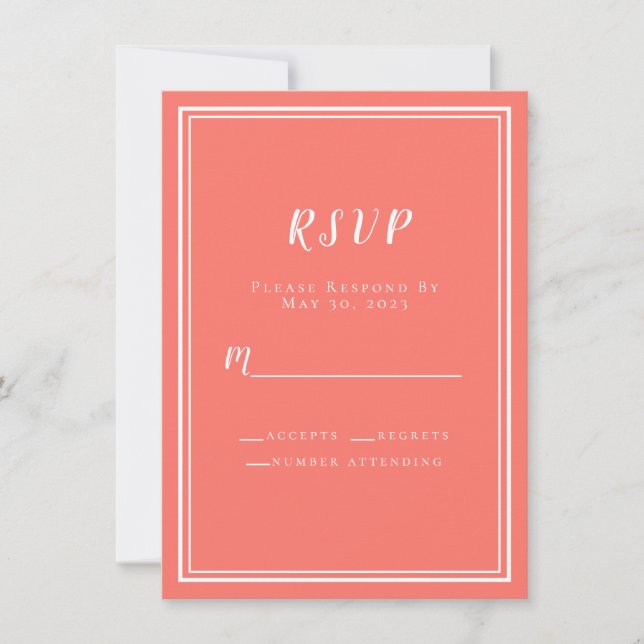 Wedding Simple Modern Minimalist Coral White RSVP  (Front)