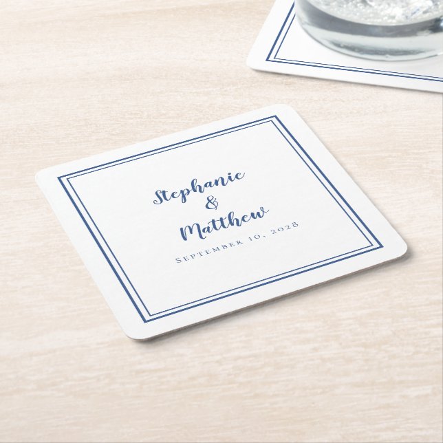 Wedding Simple Modern Minimalist Script White Blue Square Paper Coaster (Angled)
