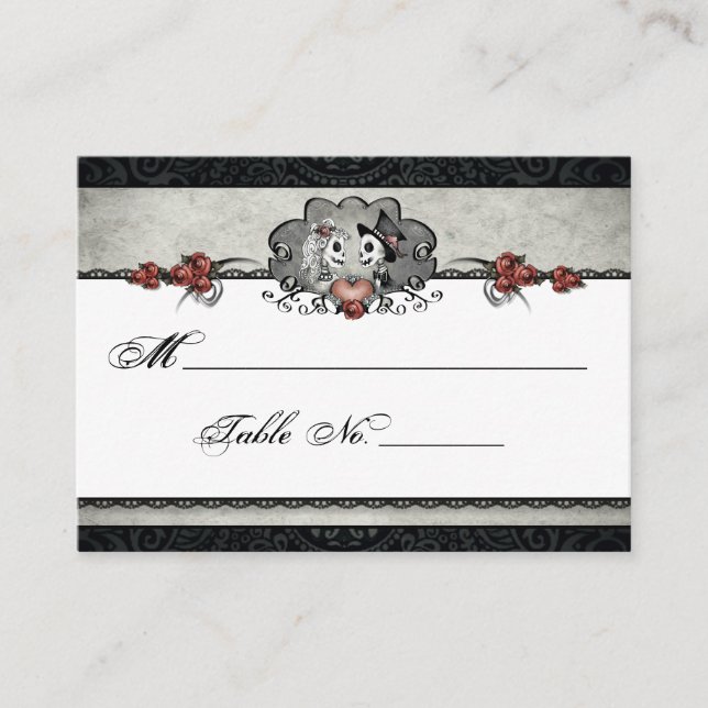 Wedding Skeleton Halloween Black & Grey Place Card (Front)