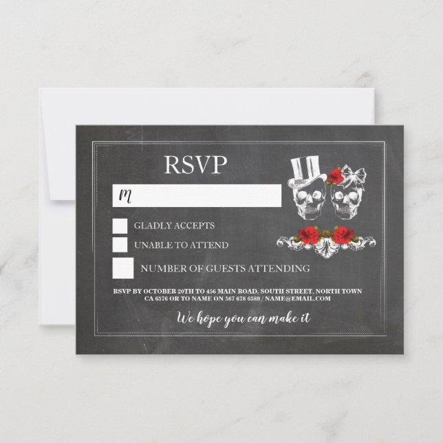 Wedding Skulls RSVP Skull Roses Chalk Cards (Front)