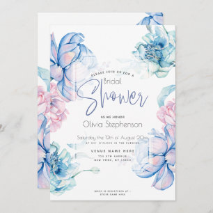 Wedding   Sky Blue and Bubblegum Pink Peonies Invitation